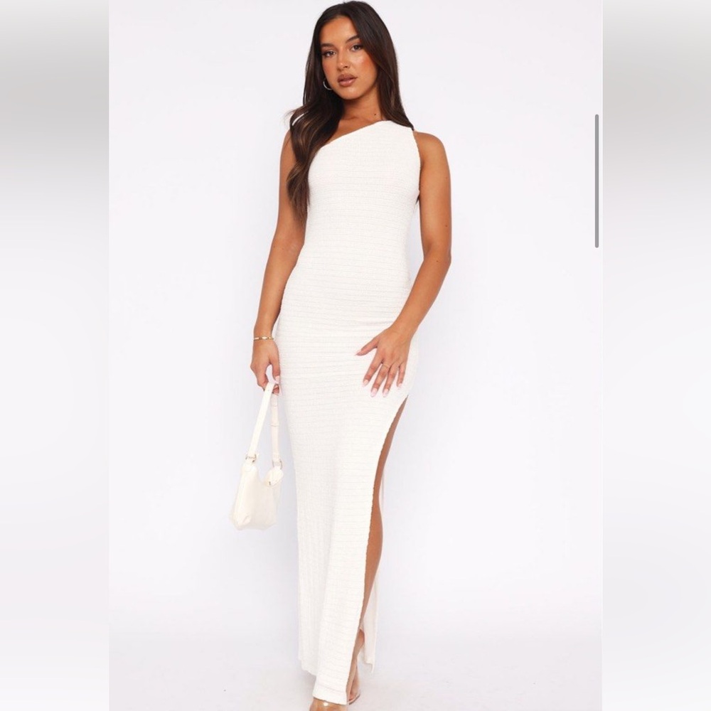 White Fox Boutique Cream Backless One-Shoulder Maxi Dress